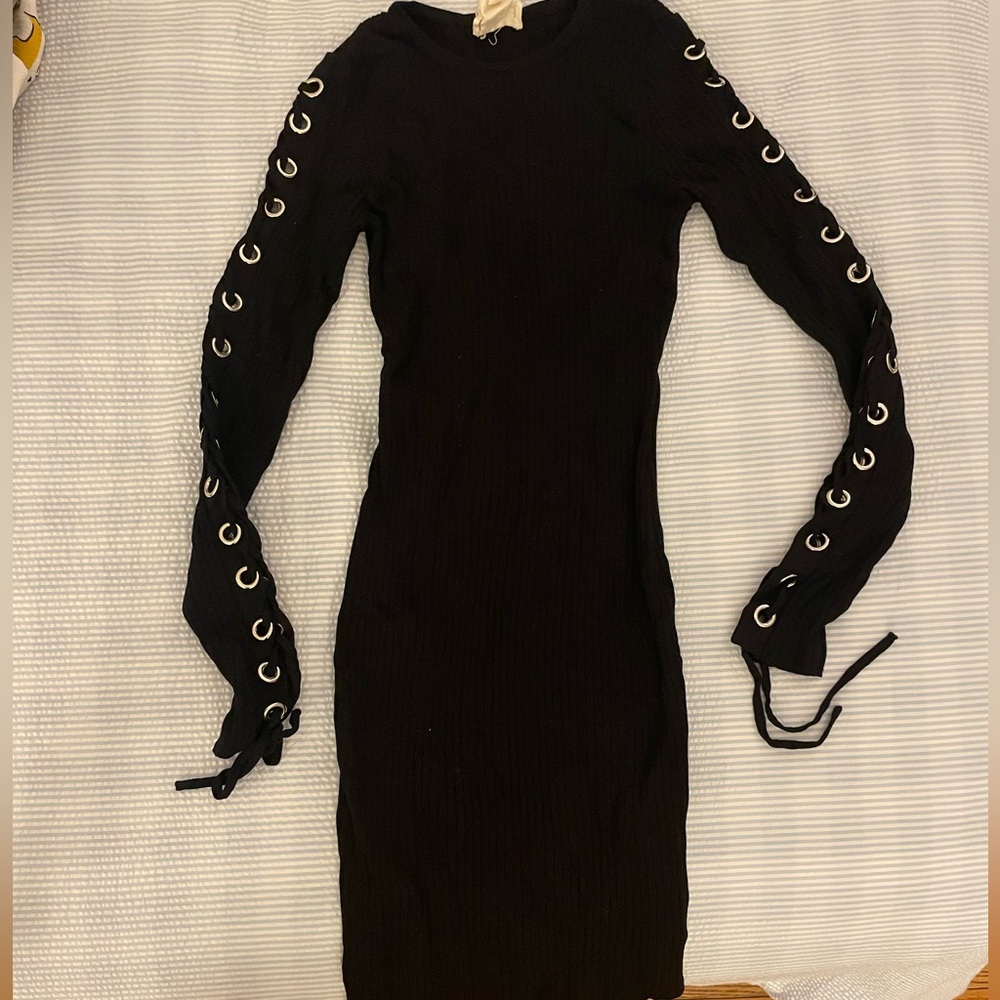 silence + noise Black Knit Ribbed Lace-Up Sleeve Bodycon Dress